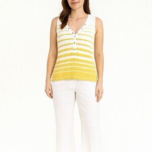 White House Black Market Tops - White House Black Market Ribbed Stripe Henley Tank Yellow White Medium
